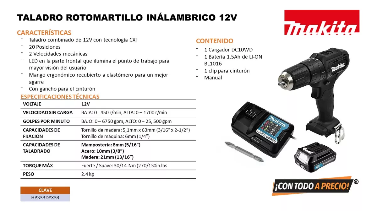 Taladro Rotomartillo Makita Hp333dyx3b + Set De Brocas