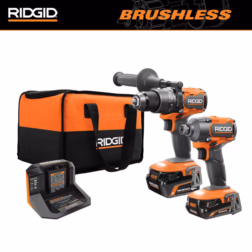 Kit combinado de 2 herramientas inalámbrico sin escobillas RIDGID de 18 V con taladro percutor, destornillador de impacto, (2) baterías, cargador y bolsa R9208