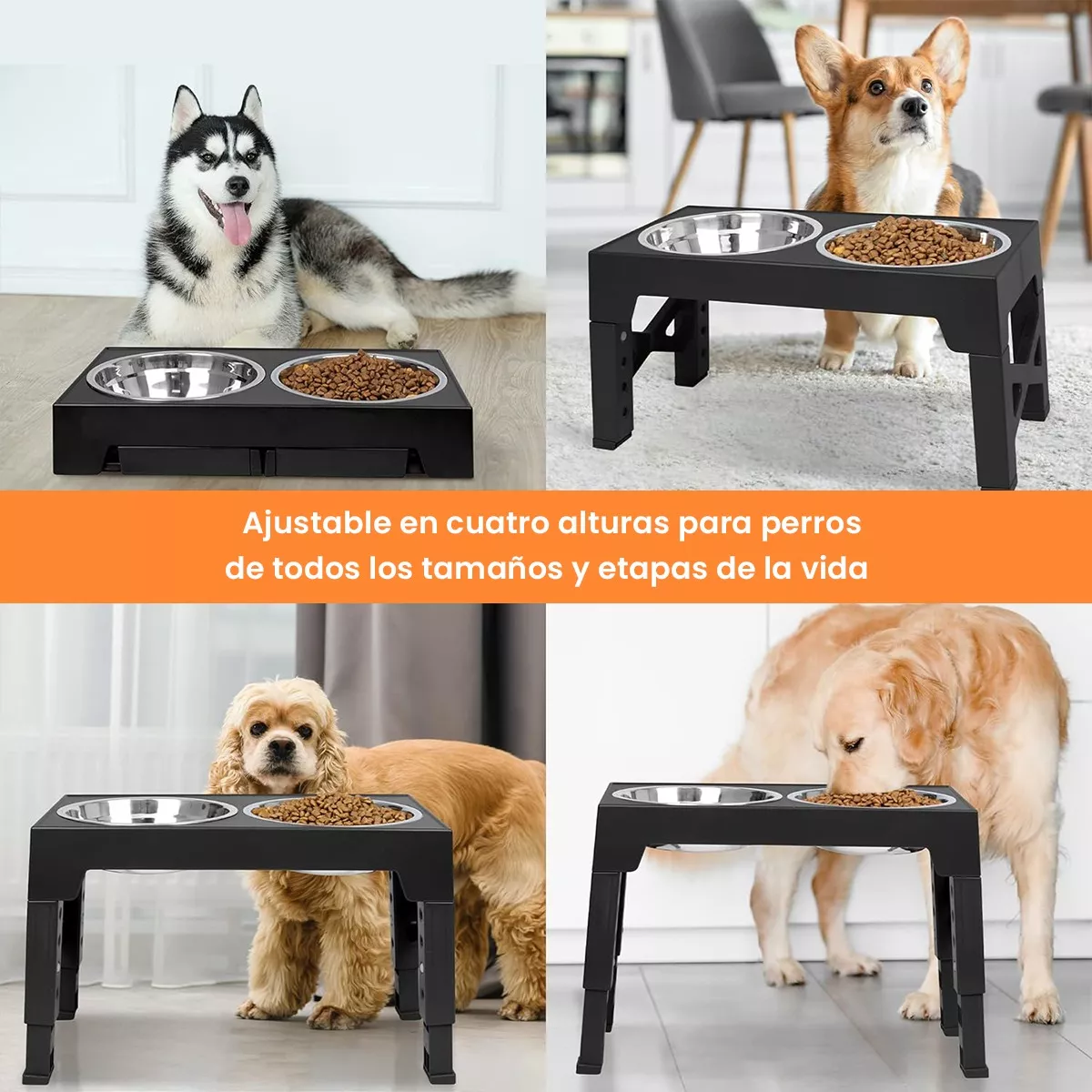Comedero Elevado Perro Con Tazones Acero Inoxidable 2 En 1