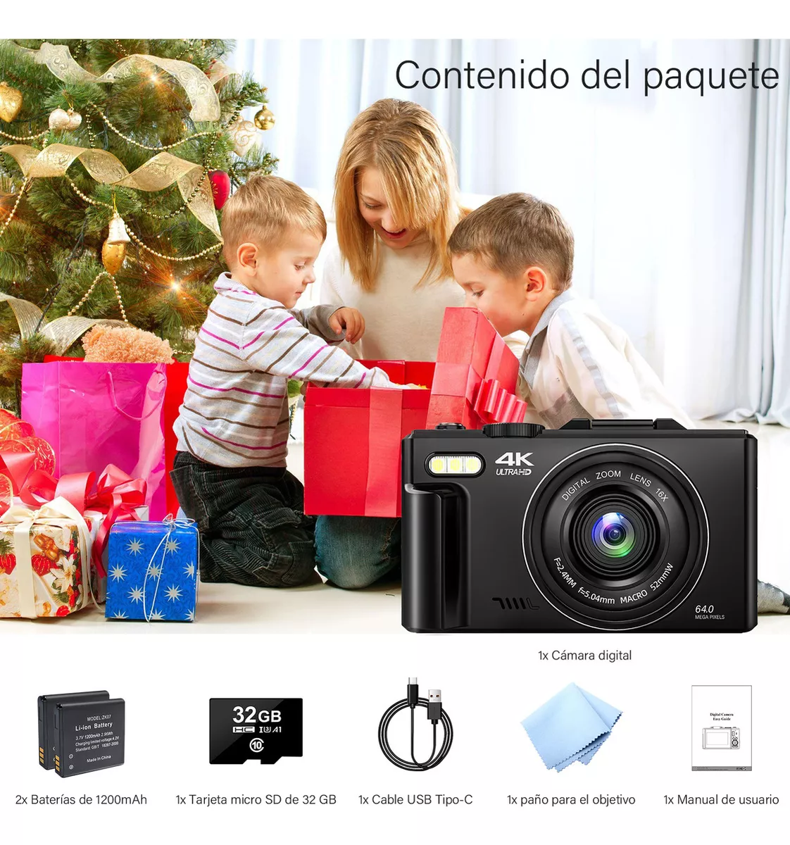 Cámara Digital 4k 64mp Cámara Vlog Con Tarjeta Sd, 2 Pilas Cámara Digital 4k 64mp +32gb Webcam Filtros Principiantes