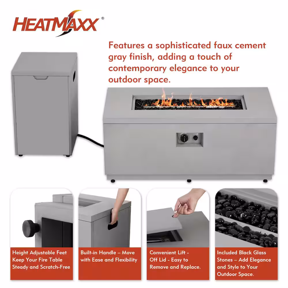 HeatMaxx Mesa rectangular para hoguera de gas propano de 42 pulgadas y 60 000 BTU con cubierta para tanque en gris cemento sintético SRGF12026