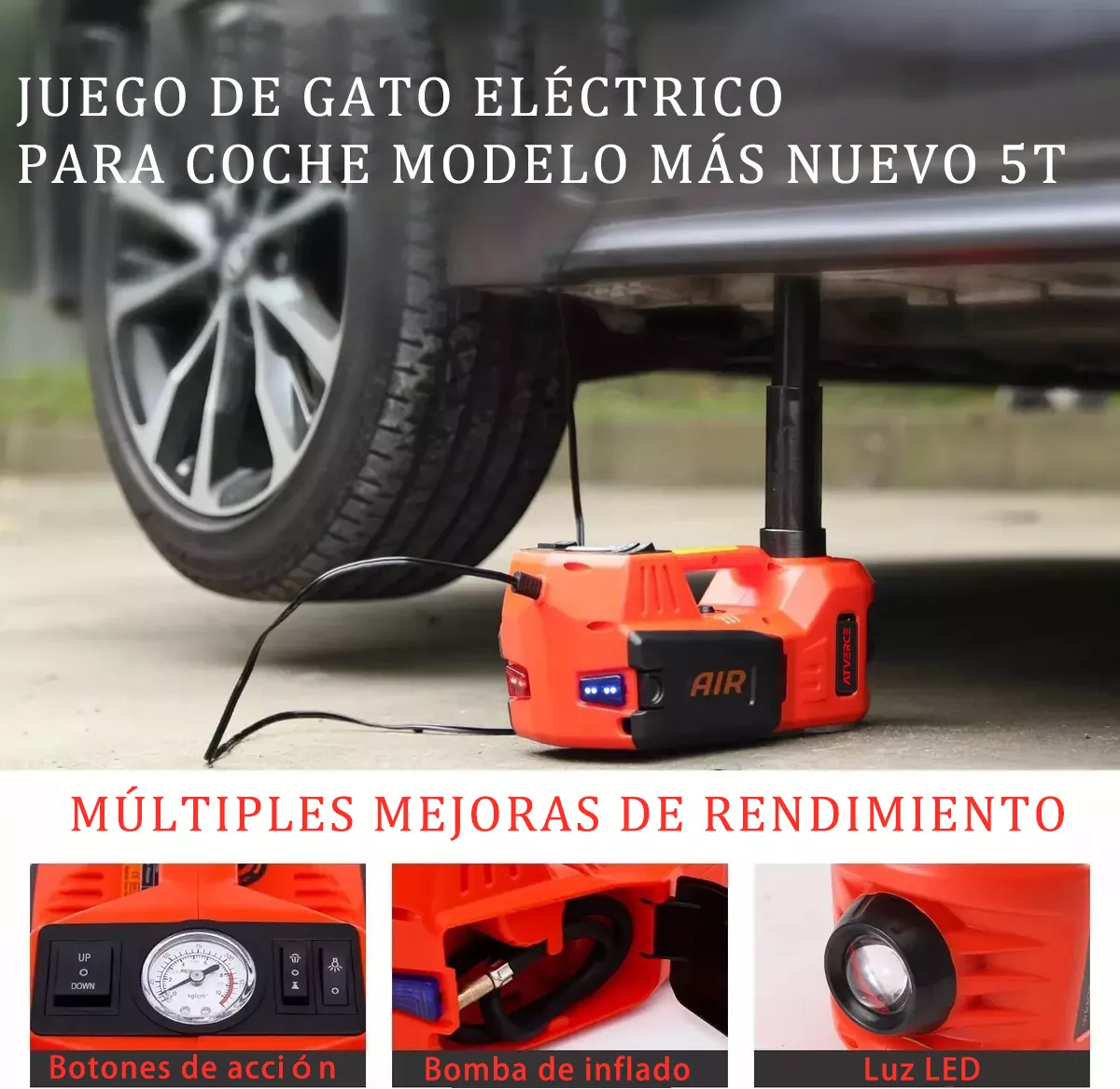 ATVERCE Gato Hidráulico Eléctrico Para Automóviles 12v 5 Ton 3 En 1