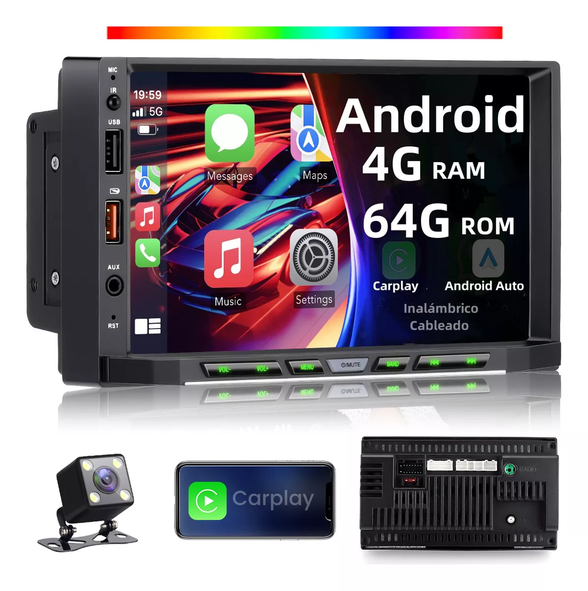 Autoestéreo Gearelec 2din Hd 4+64g Carplay Android Auto 7in bluetooth CARPLAY WIFI Radio FM Android GPS APP se puede instalar Cámara