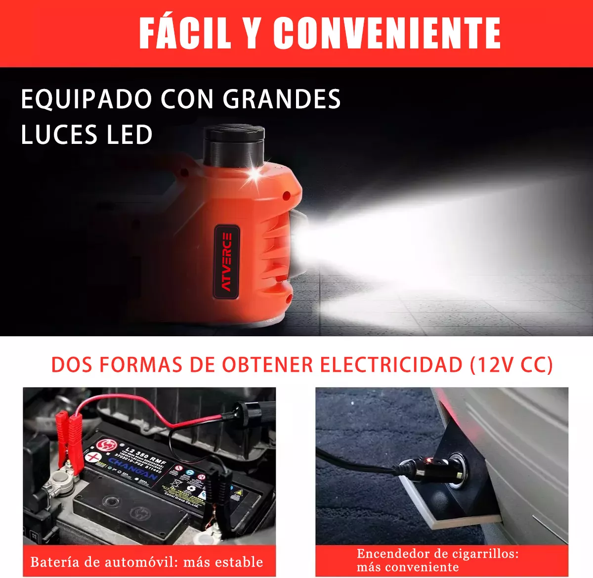 ATVERCE Gato Hidráulico Eléctrico Para Automóviles 12v 5 Ton 3 En 1