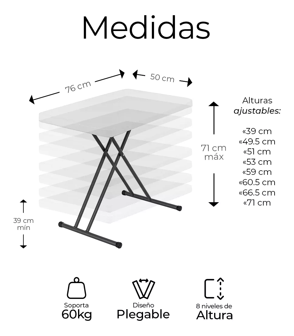 Mesa De Servicio Chica Plegable 8 Elevaciones 76cm X 50cm