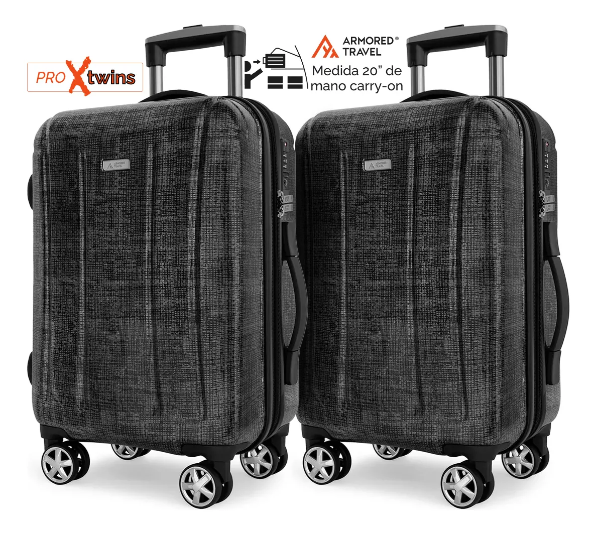 Maleta De Viaje R&iacute;gida Carry On kit 2 Piezas Twin Dark Pro-x Aleaci&oacute;n Policarbonato De Mano Cabina 20 Pulgadas 10 Kg Con Cierre Expandible Impresi&oacute;n Dual Candado Alta Seguridad Tsa Lock Armored Travel