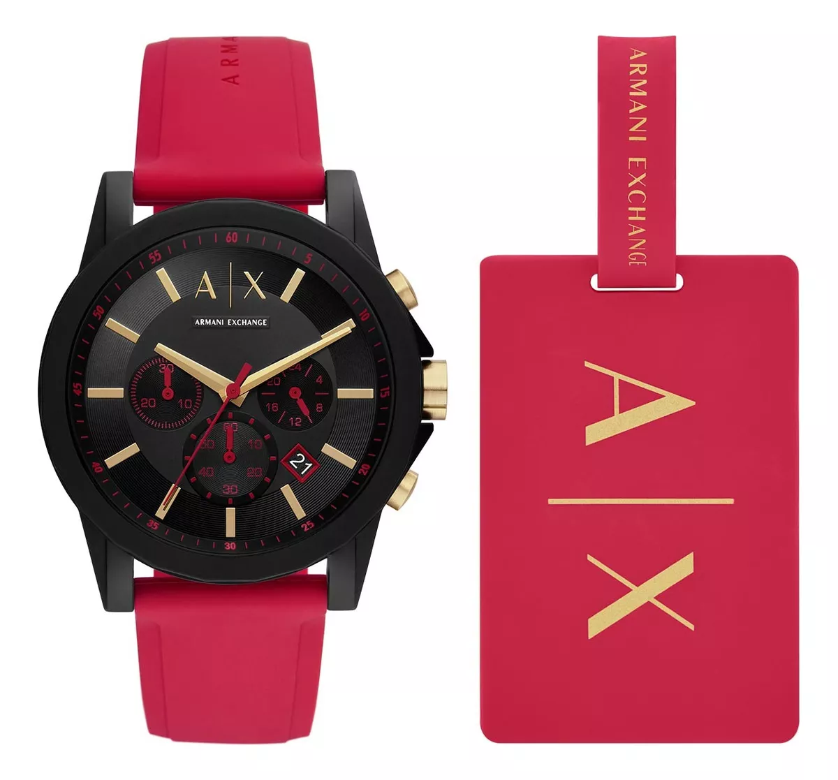 Set De Reloj Hombre Armani Exchange Outerbanks Silicona color de la correa Rojo color del bisel Negro color del fondo Negro