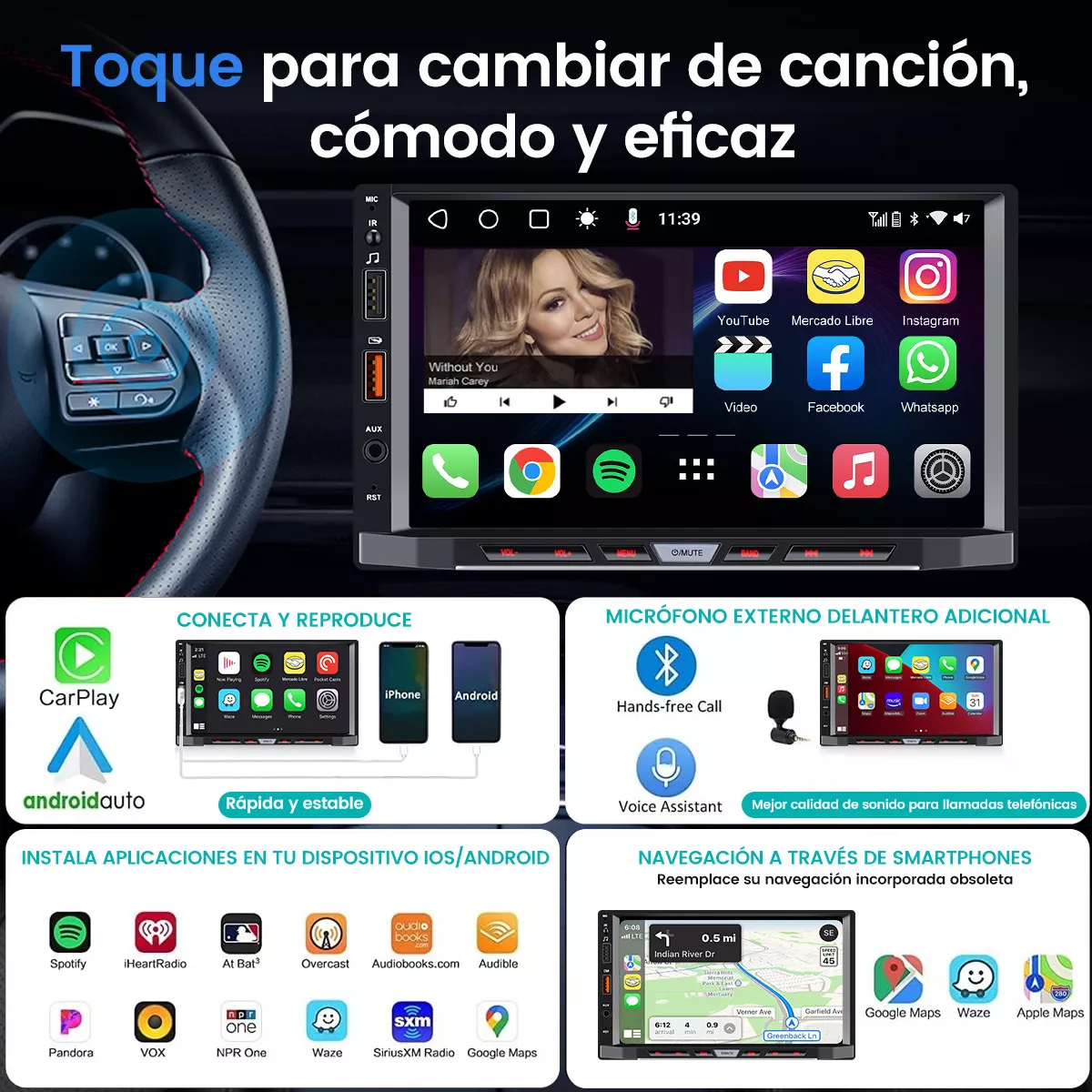 Autoestéreo Gearelec 2din Hd 4+64g Carplay Android Auto 7in bluetooth CARPLAY WIFI Radio FM Android GPS APP se puede instalar Cámara