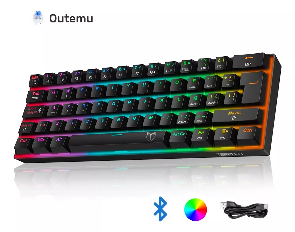 TERPORT 60% Teclado Mecanico Inalambrico Espa&ntilde;ol I-61, Bluetooth+2.4g+cable, Outemu Red Switch, 62 Teclas Anti-ghosting, Retroiluminaci&oacute;n Rgb/Teclado Pc Computadora Para Win/mac/ios/android