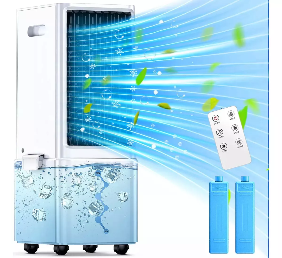 Ventilador Aire Frio Portatil Y Control Remoto, Enfriador De Aire Evaporativo De Oscilaci&oacute;n Y Silencioso, 4 Modos Y 3 Velocidades, Temporizador De 12h De Aire Acondicionado Portatil Interior