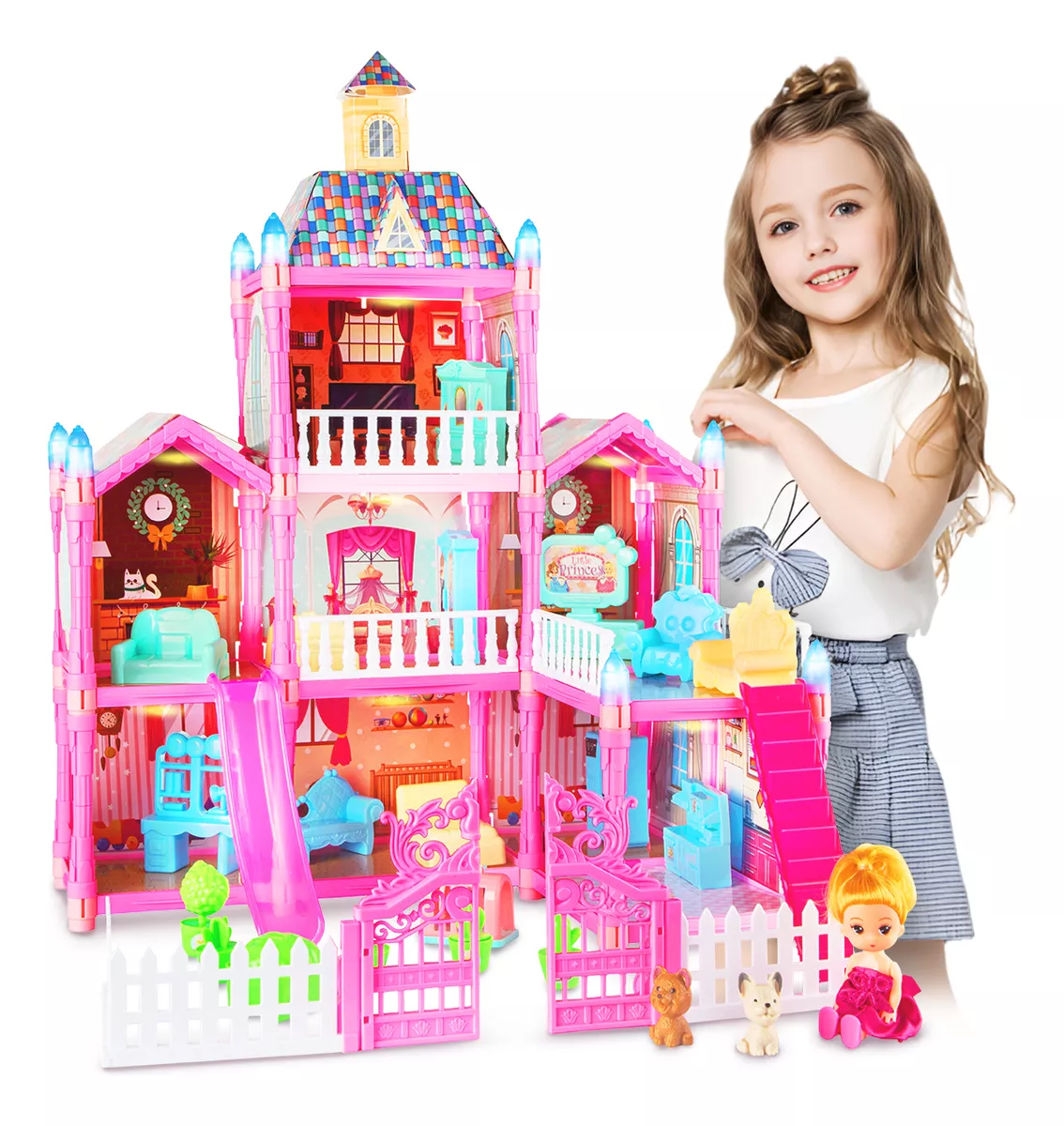 Casa De Mu&ntilde;ecas Ni&ntilde;a Con Tobog&aacute;n Y Luz Led 192pcs 8 Espacios