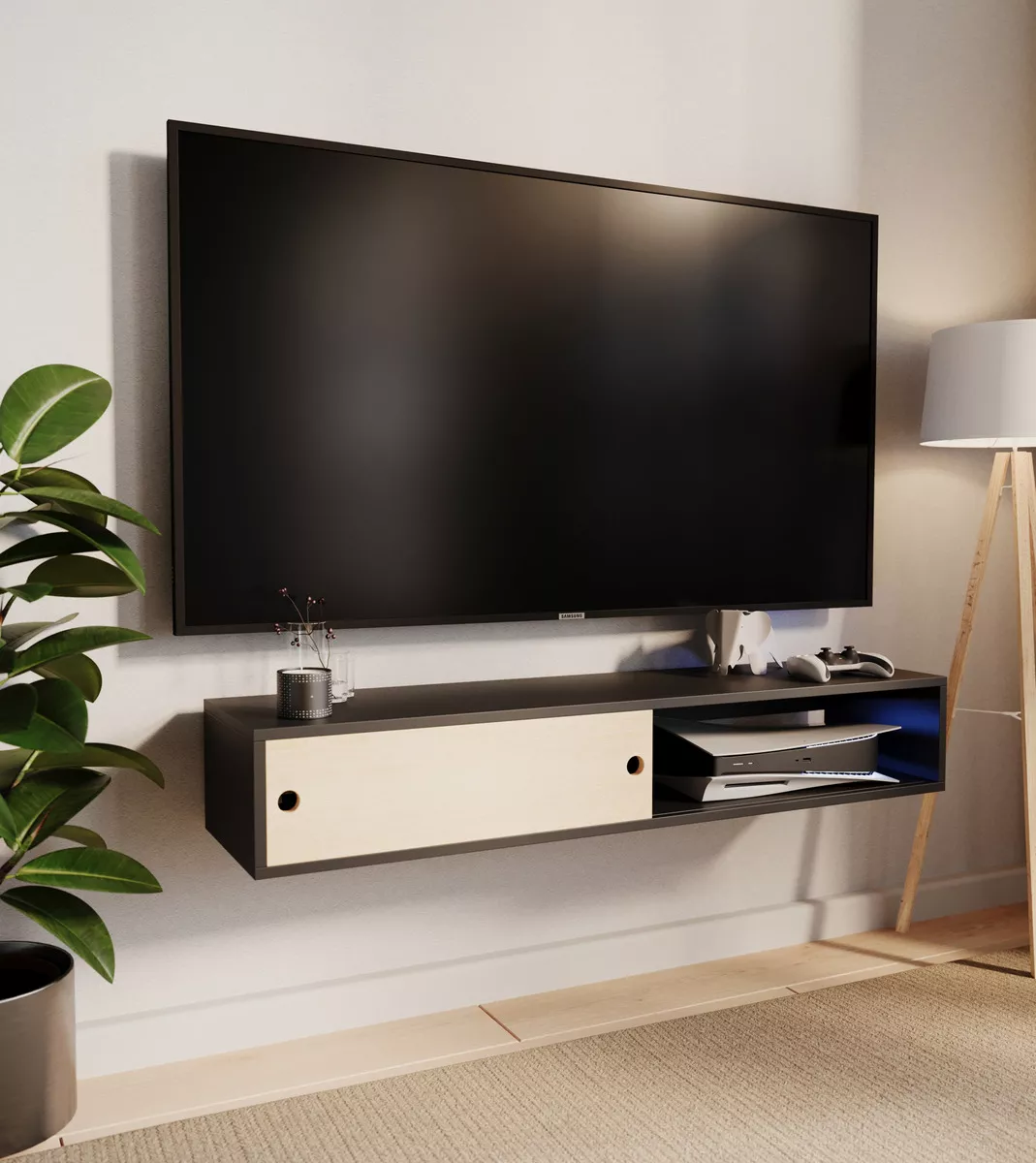 Moru Repisa Flotante Flow O Mesa Tv Moderna color Negro