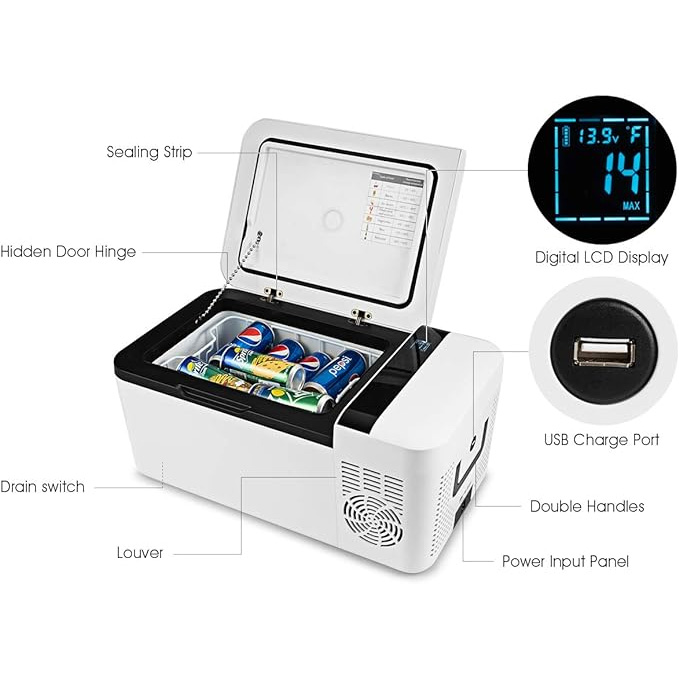 Compact auto Freezer, portátil Travel 12V Fridge, with Compressor, Double Handles, LCD Display Screen para auto y hogar, Camping, Truck Party, Travel, Picnic Outdoor (16 Quart)