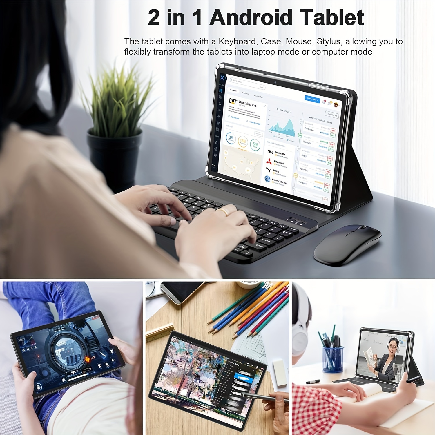 Tablet con Teclado, Tablet 2 en 1, 6GB+128GB, 1TB Expandible, Tablet Android 13, Tablet de 10 Pulgadas con Funda, Ratón, Stylus, Batería 8000mAh, WiFi 2.4G/5G, GPS, Tablet PC Certificado