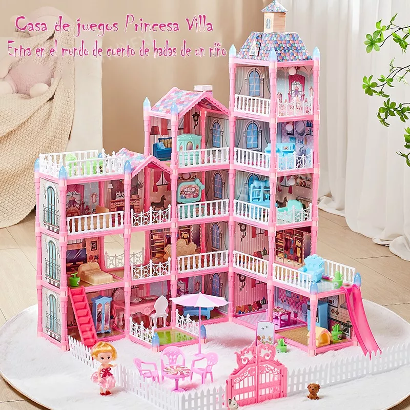 Casa De Muñecas Niña Rosa Con Tobogán De Luz Led Y Muñeca
