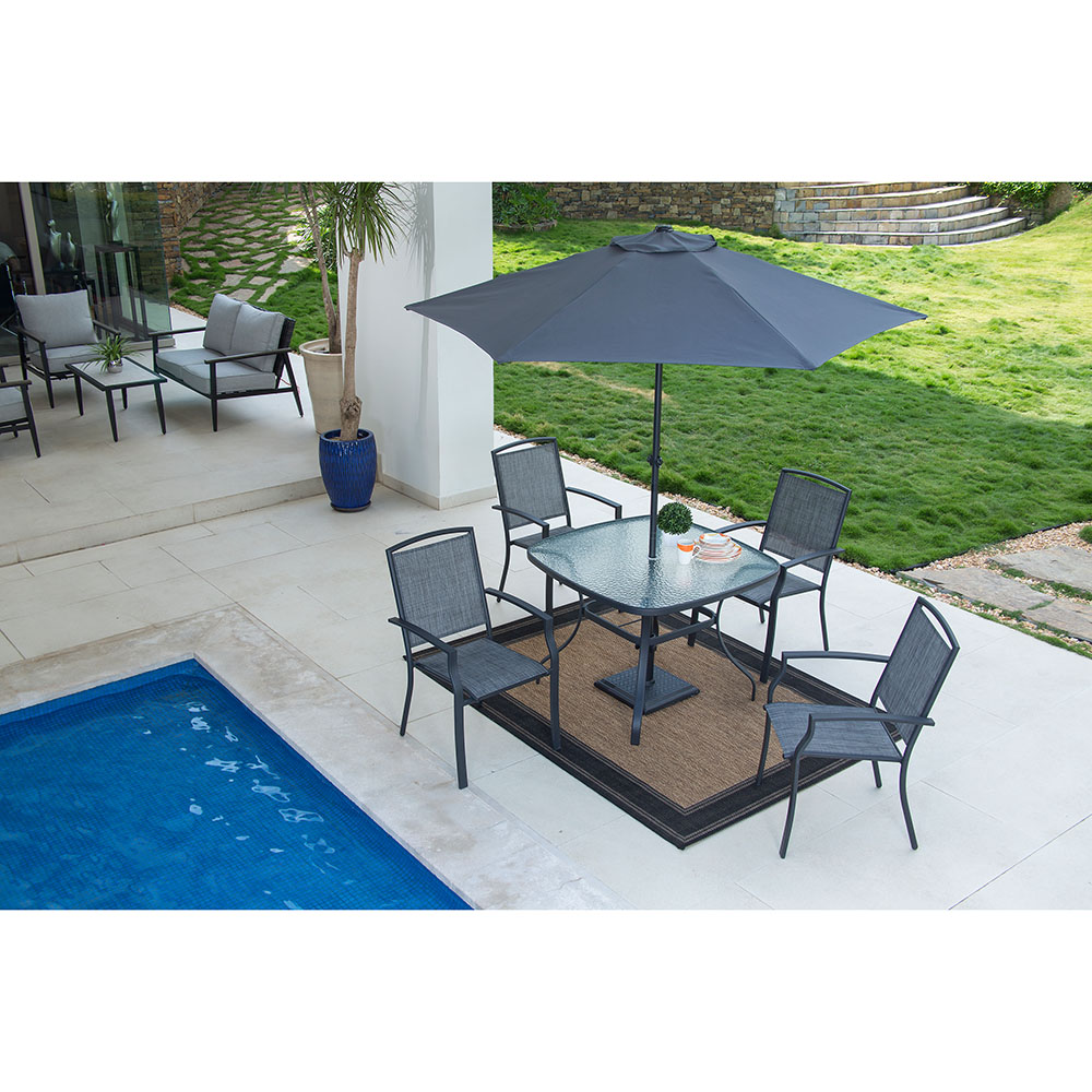COMEDOR DE JARDÍN BLACKWELL GRIS 4 SILLAS TELA ESTRUCTURA DE ACERO