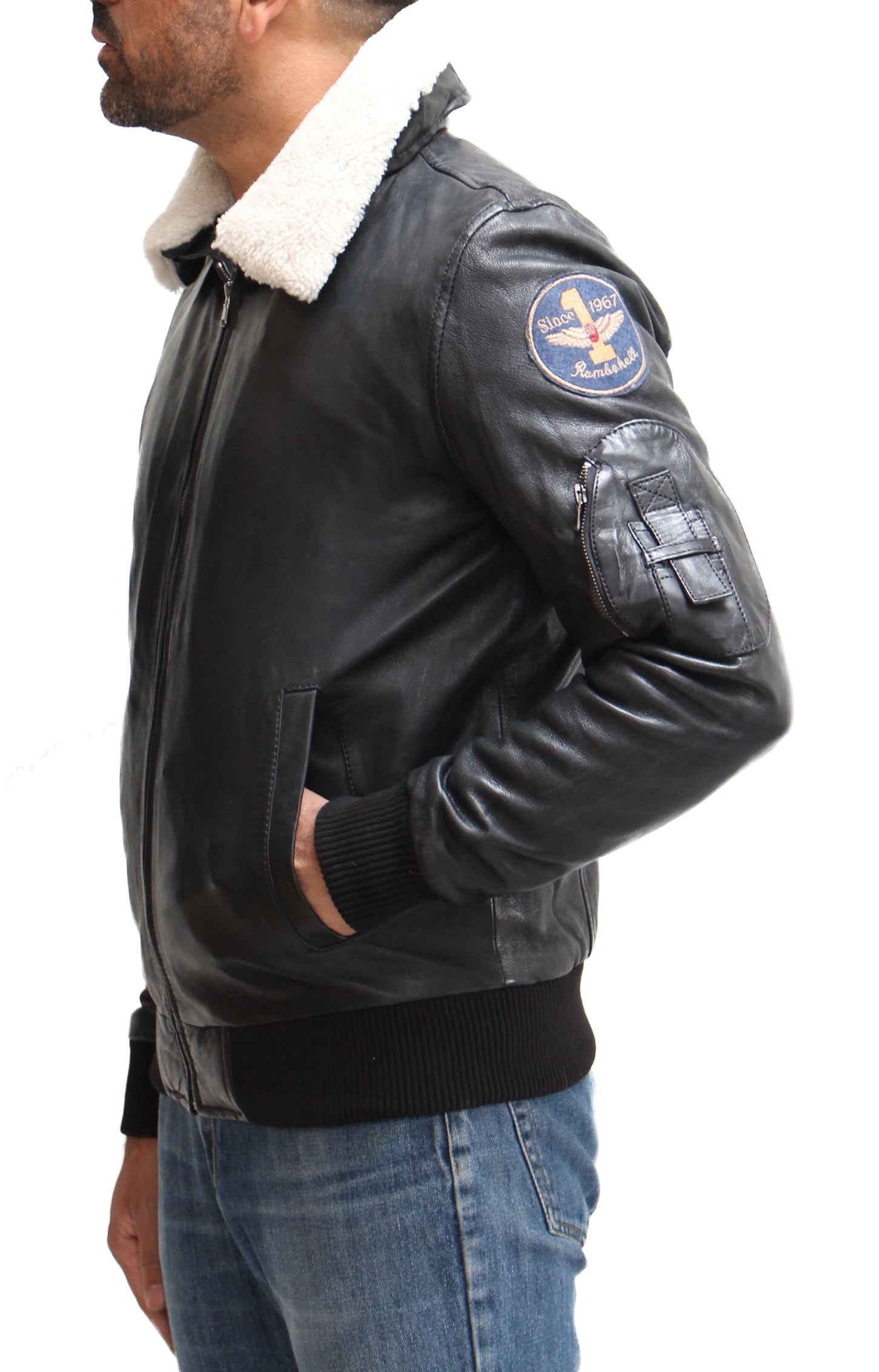 Chaqueta con cuello de piel de oveja negra y crema para hombre - Luke