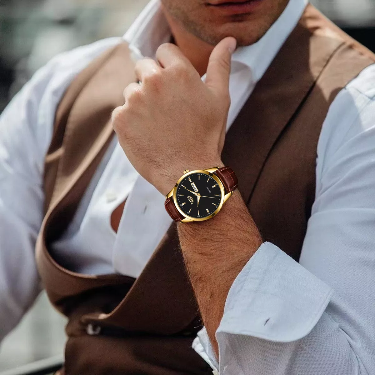 Reloj Cronógrafo Lige LG8970 De Cuero Casual Para Hombre