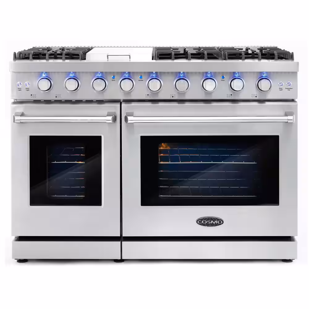 Cosmo 48 in. Haven Collection 6.8 cu. ft. Double Oven Gas Range, 6 Burners, Griddle, Convection, Knob LEDs, acero inoxidable COS-EPGR486G