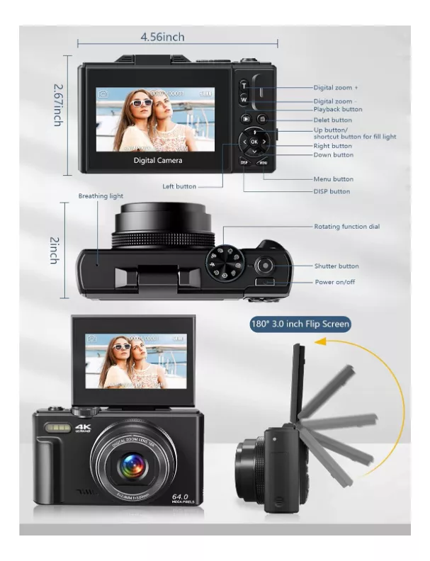 Cámara Digital 4k Cámara Digital De 3 Pulgadas Y 180° Para F
