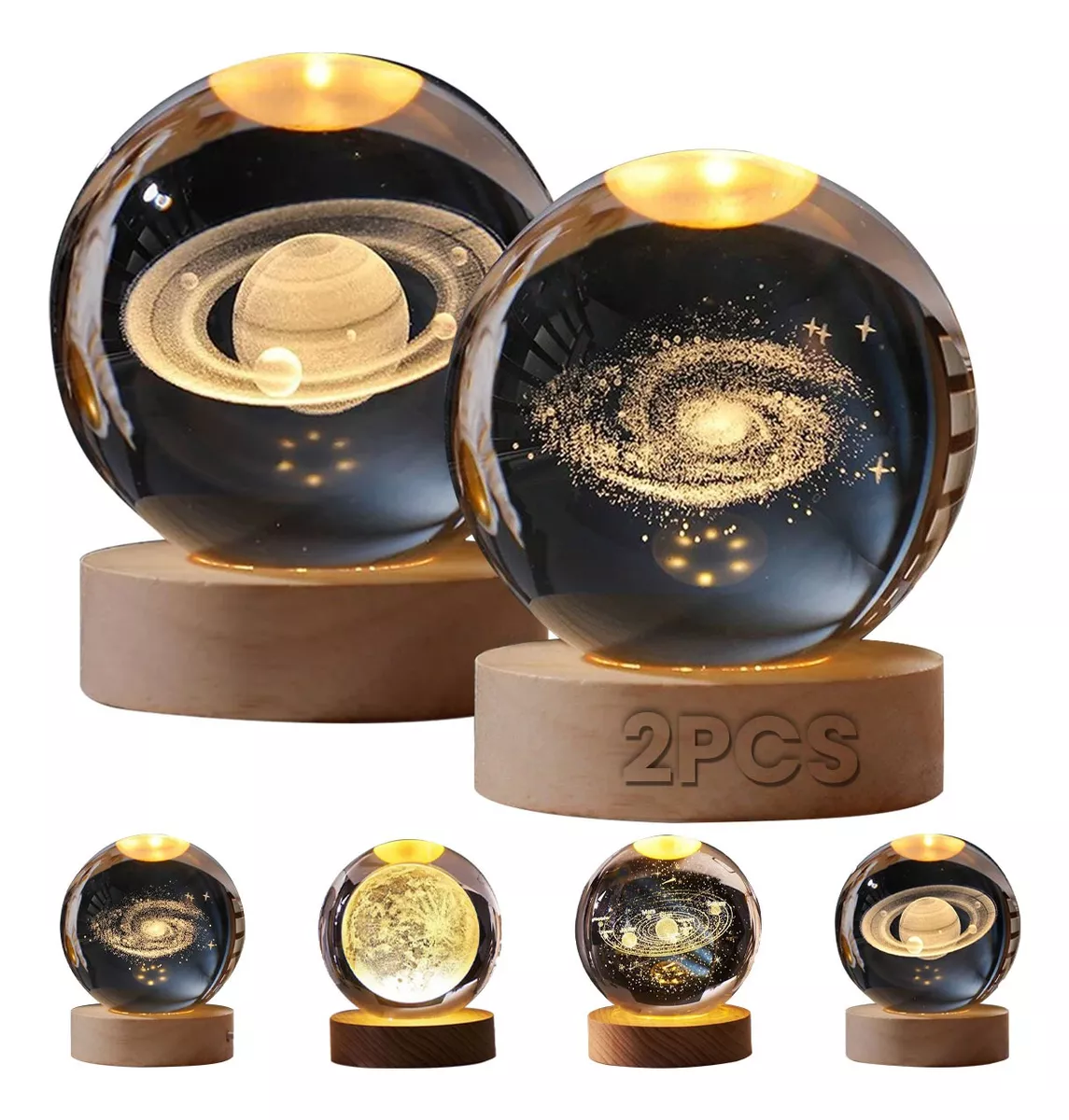 2pcs Led Luz De Noche 3d Luna Saturno Bola De Cristal