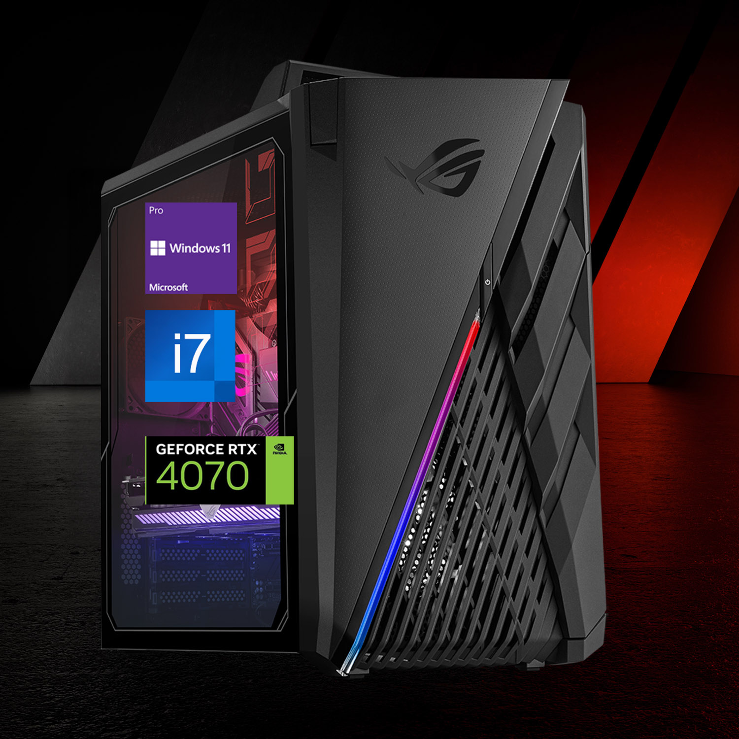 ASUS ROG Gaming Desktop, Intel Core i7-13700KF, NVIDIA GeForce RTX 4070, 64GB DDR5 RAM, 4TB SSD, Wired Keyboard & Mouse, DP Port, Antenna, RJ45, Wi-Fi 6, Windows 11 Pro, Black, MMM Mousepad