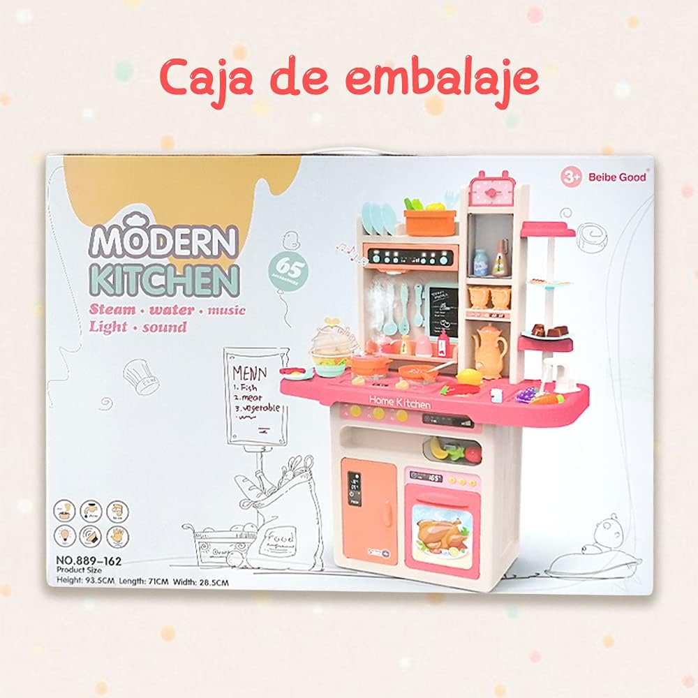 E T EASYTAO Cocina de Juguete para Nios de 65 Piezas con Humo, Luz, Sonido y Grifo para Salir Agua, Juguete Infantil Divertido, Juego de Roles, Regalo para Día del Nio （Altura: 93cm)