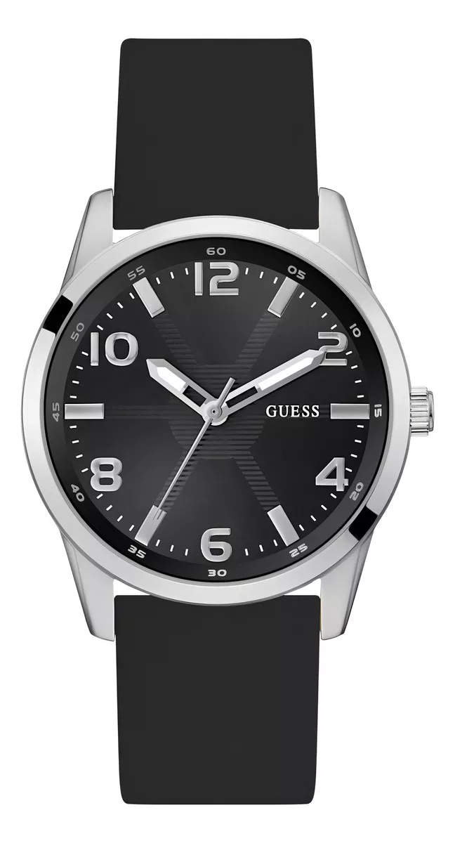 Reloj Guess Charter Para Caballero Correa Negro Bisel Plateado Fondo Negro