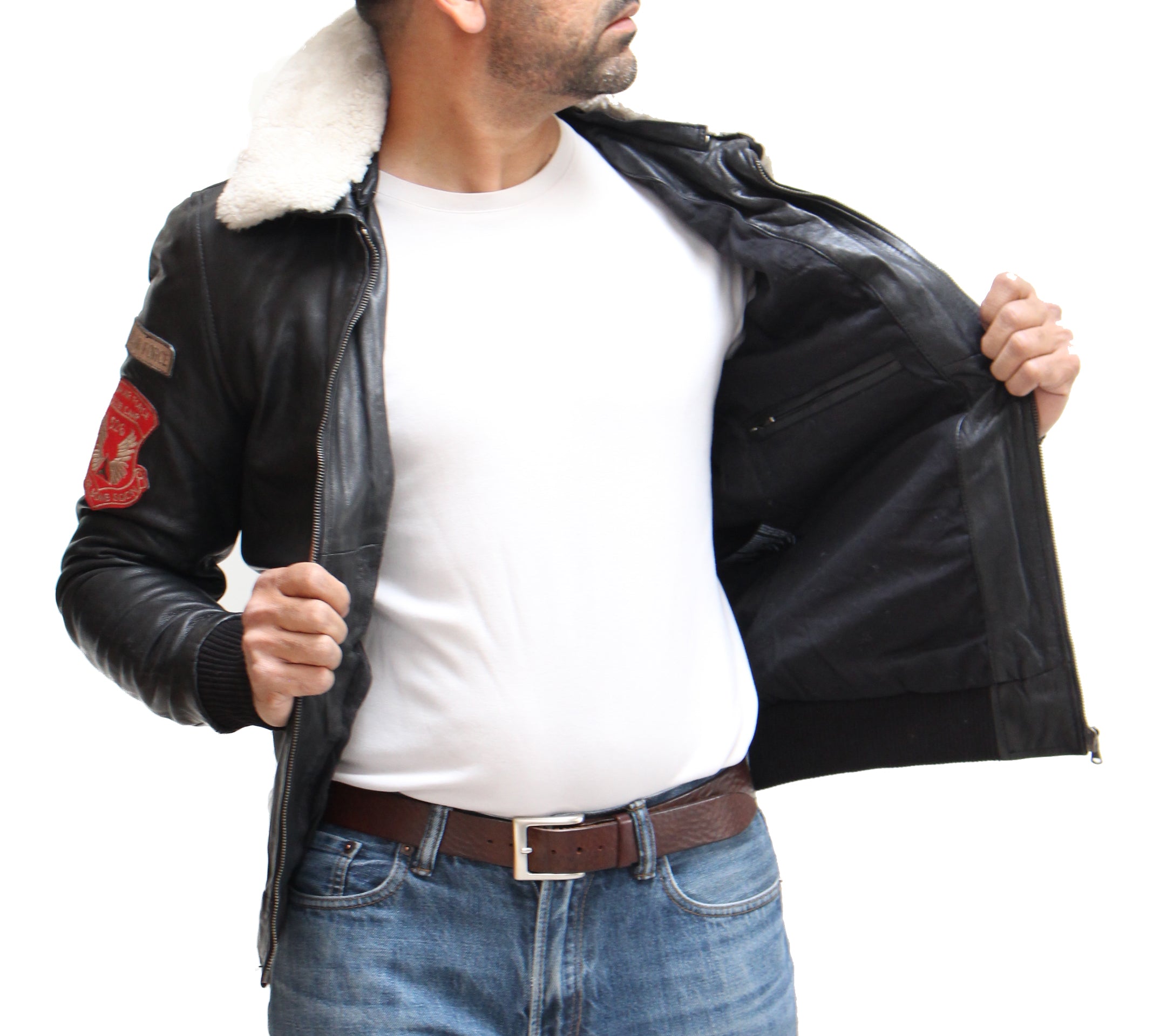 Chaqueta con cuello de piel de oveja negra y crema para hombre - Luke