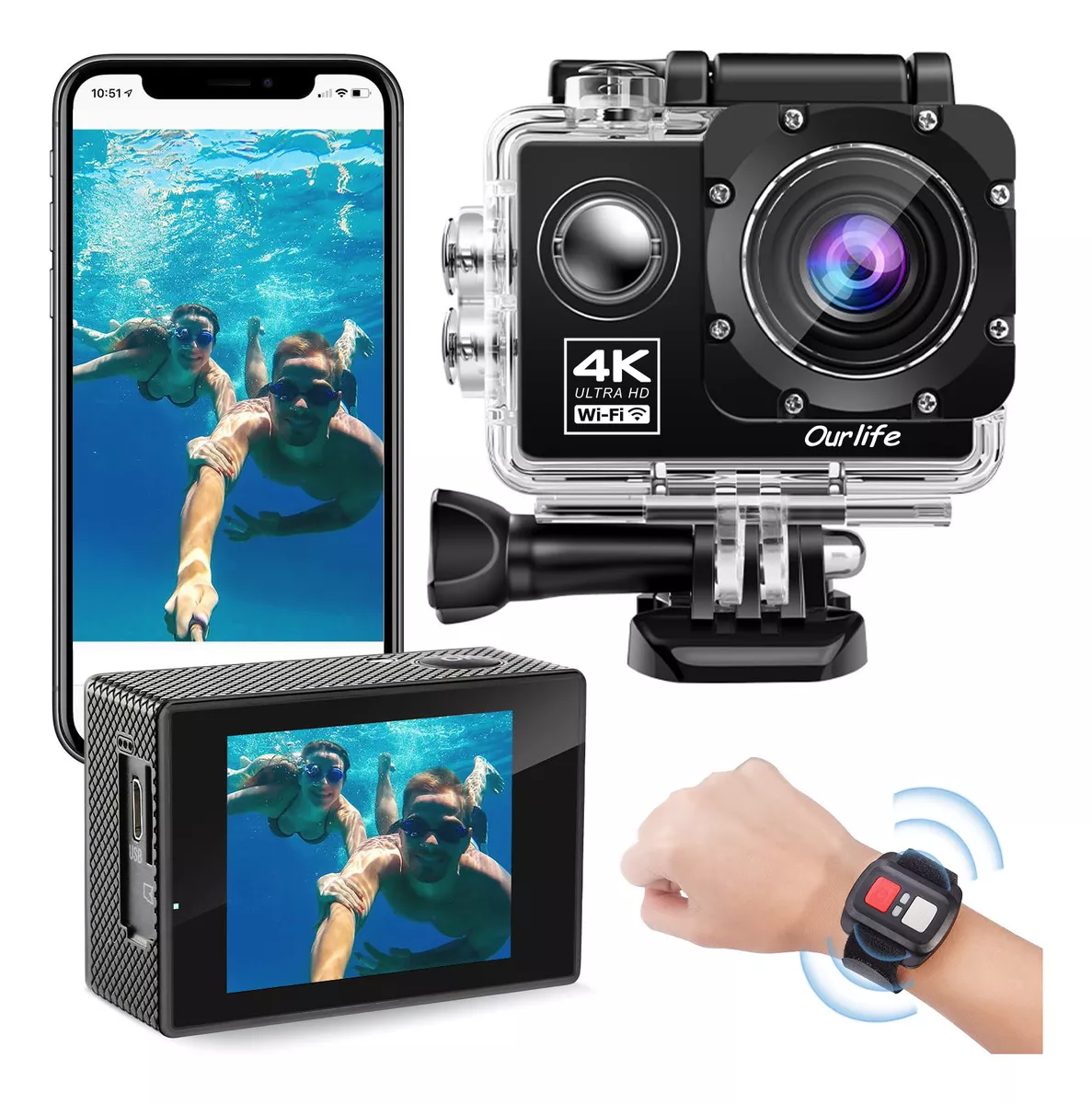 C&aacute;mara de Acci&oacute;n Ourlife Deportiva G200R 4k Full Hd con Wifi y Control Remoto Deportiva Submarina 30m color Negro