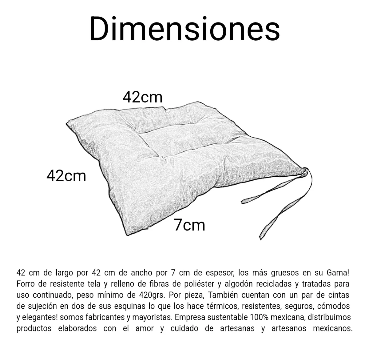 6 Cojines Para Sillas 42x42x7cm Con 4 Cintas De Sujeción