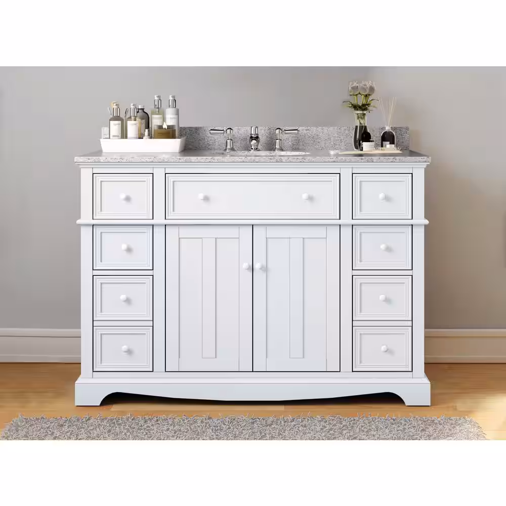 Decorators Collection Fremont tocador de ba&ntilde;o blanco con lavabo individual de 49 pulgadas con tapa de granito gris (ensamblado) TJ-FTV4922WH