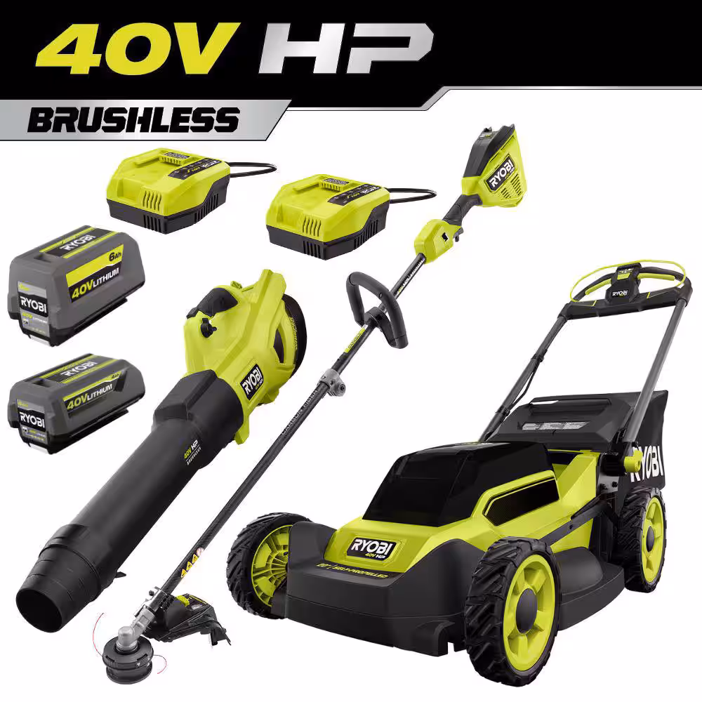 RYOBI 40V HP Brushless 20 in. Cordless Battery Walk Behind Self-Propelled Mower, String Trimmer & Blower-Batteries & Chargers RY401180-RY40HPCK201K