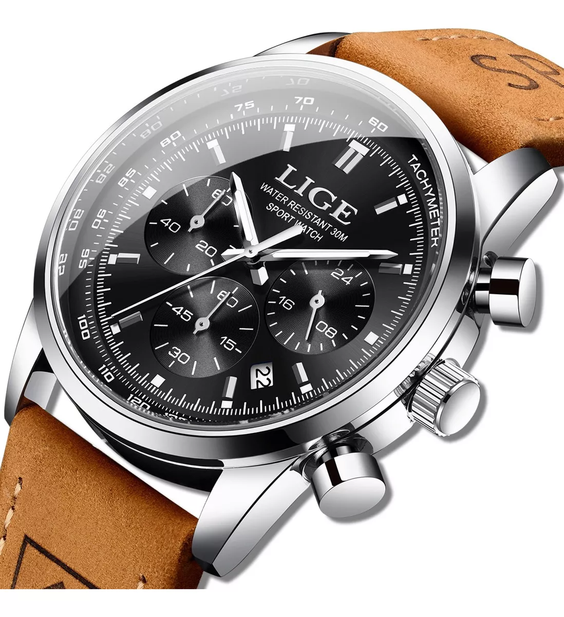 Lige Reloj Hombre Multifunci&oacute;n Cuero Reloj Cuarzo Cron&oacute;grafo Correa Marr&oacute;n Bisel Plateado Fondo Negro
