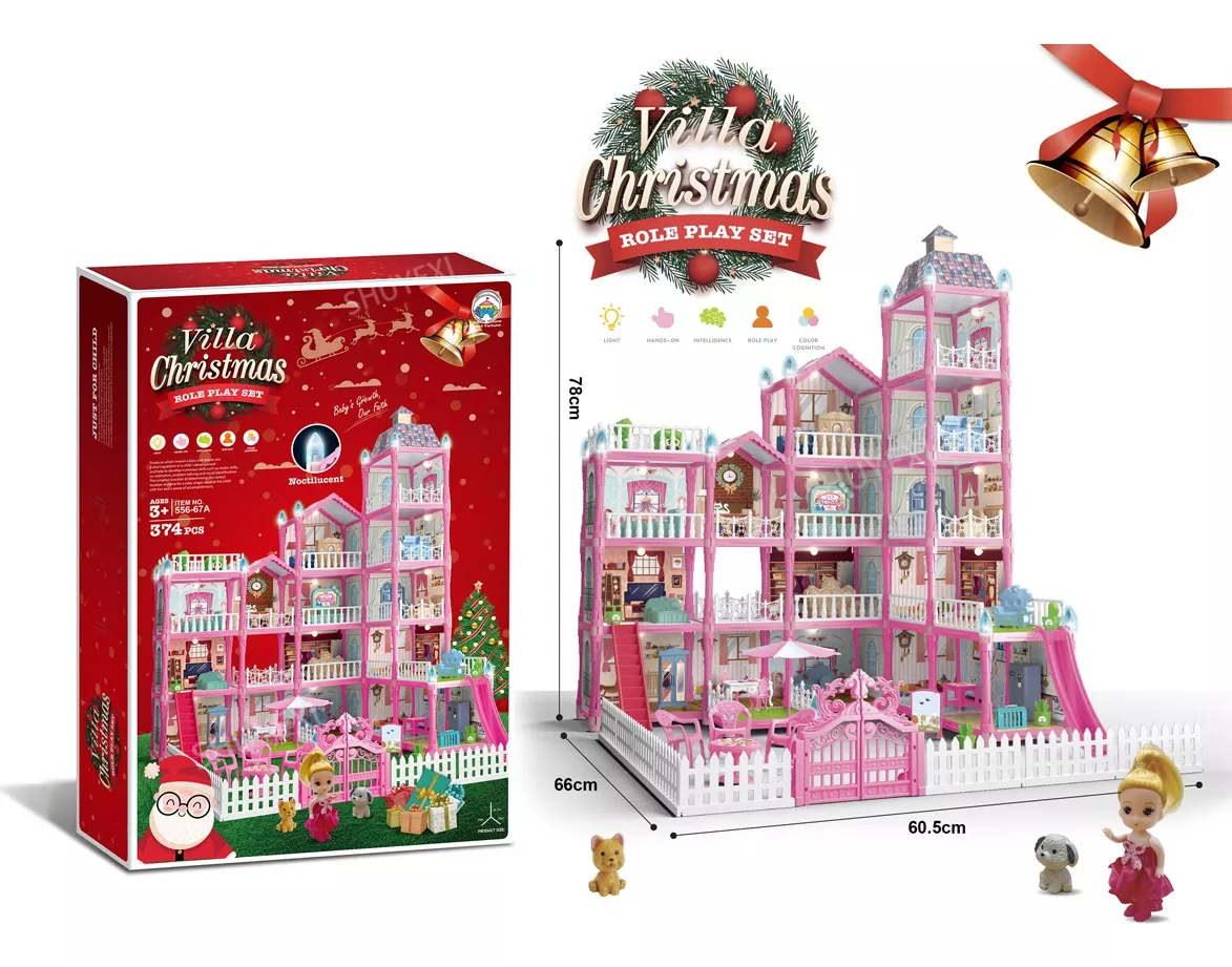 Casa De Muñecas Niña Rosa Con Tobogán De Luz Led Y Muñeca
