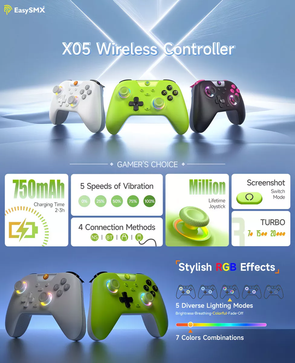 Easysmx X05 Control Bluetooth Inalambrico Gamepad Para Nintendo Switch Pc Android iPhone Móvil,hall Joystick Y Hall Trigger,mando Con 5 Niveles De Vibración Ajustable, Función Turbo