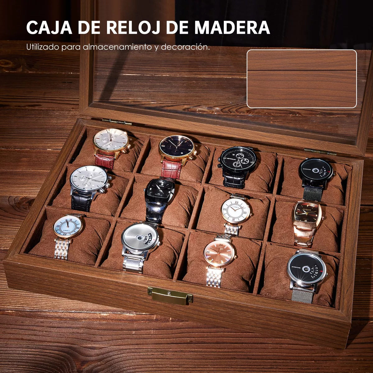 Caja Para Relojes Y Alhajero Con 12 Compartimentos En Nogal
