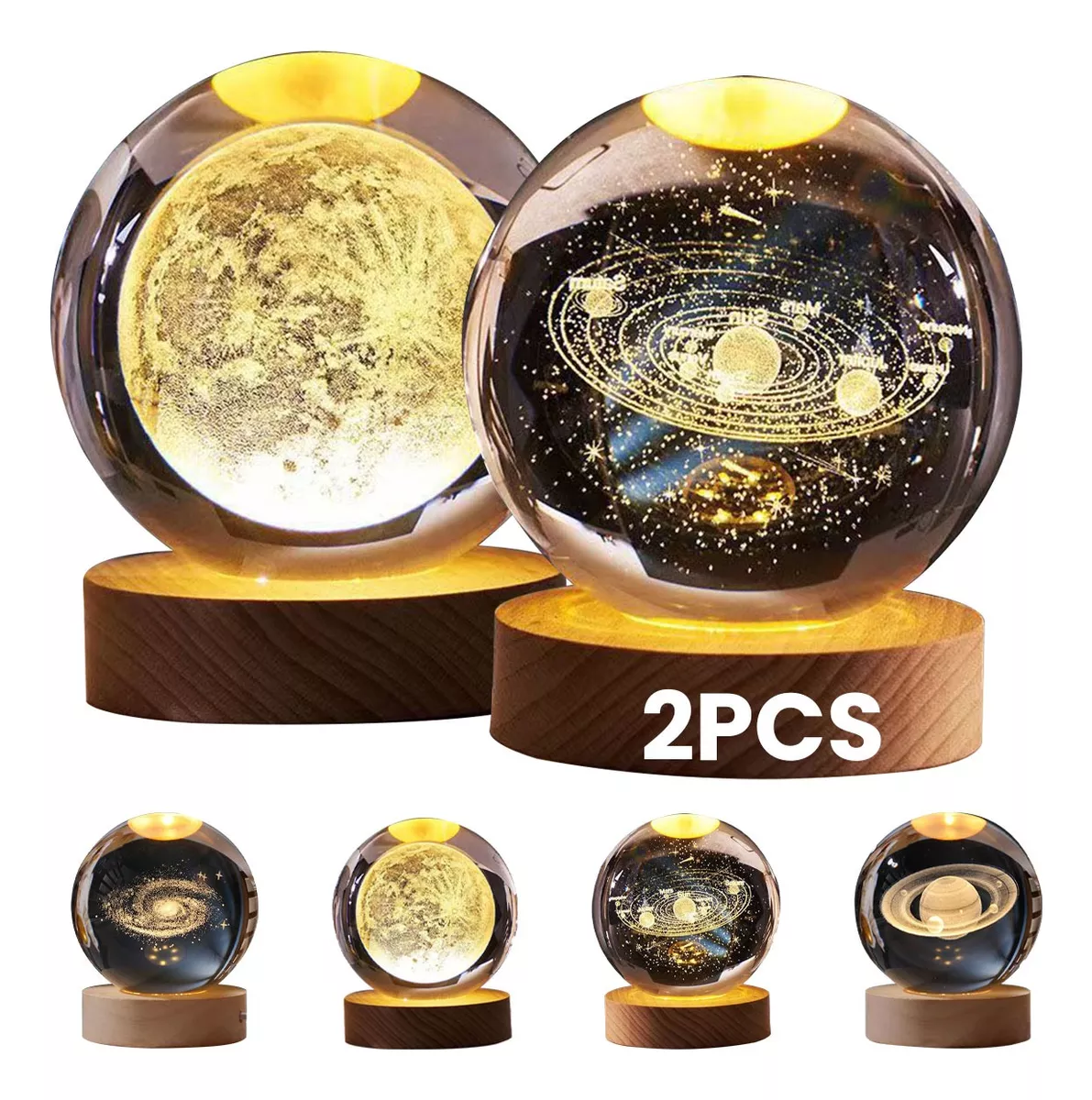 2pcs Led Luz De Noche 3d Luna Saturno Bola De Cristal