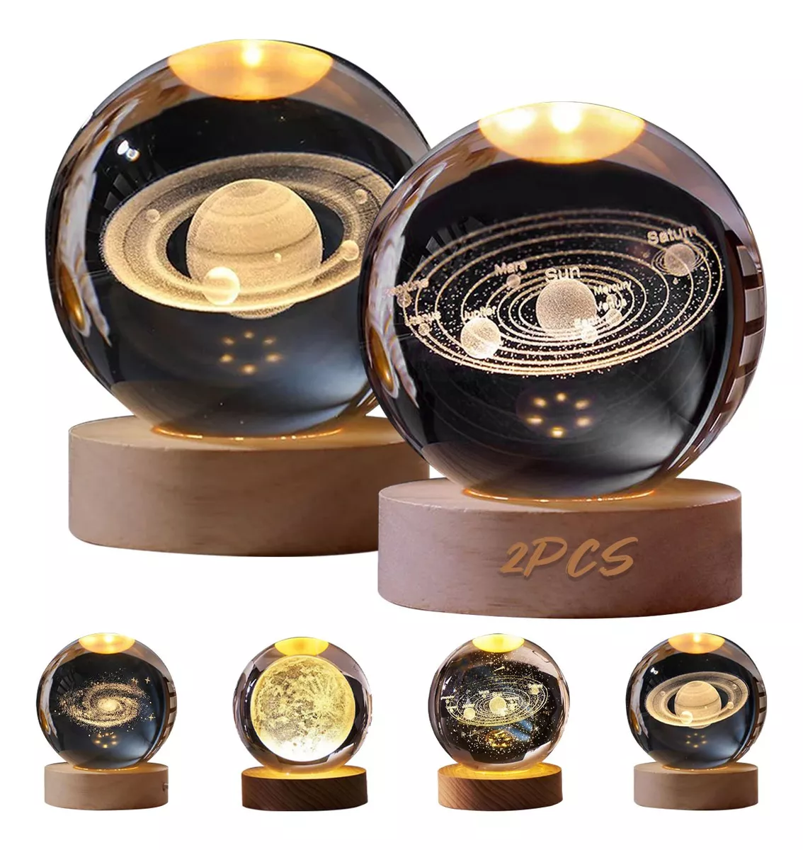 2pcs Led Luz De Noche 3d Luna Saturno Bola De Cristal