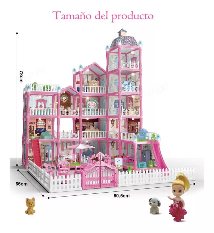 Casa De Muñecas Niña Rosa Con Tobogán De Luz Led Y Muñeca