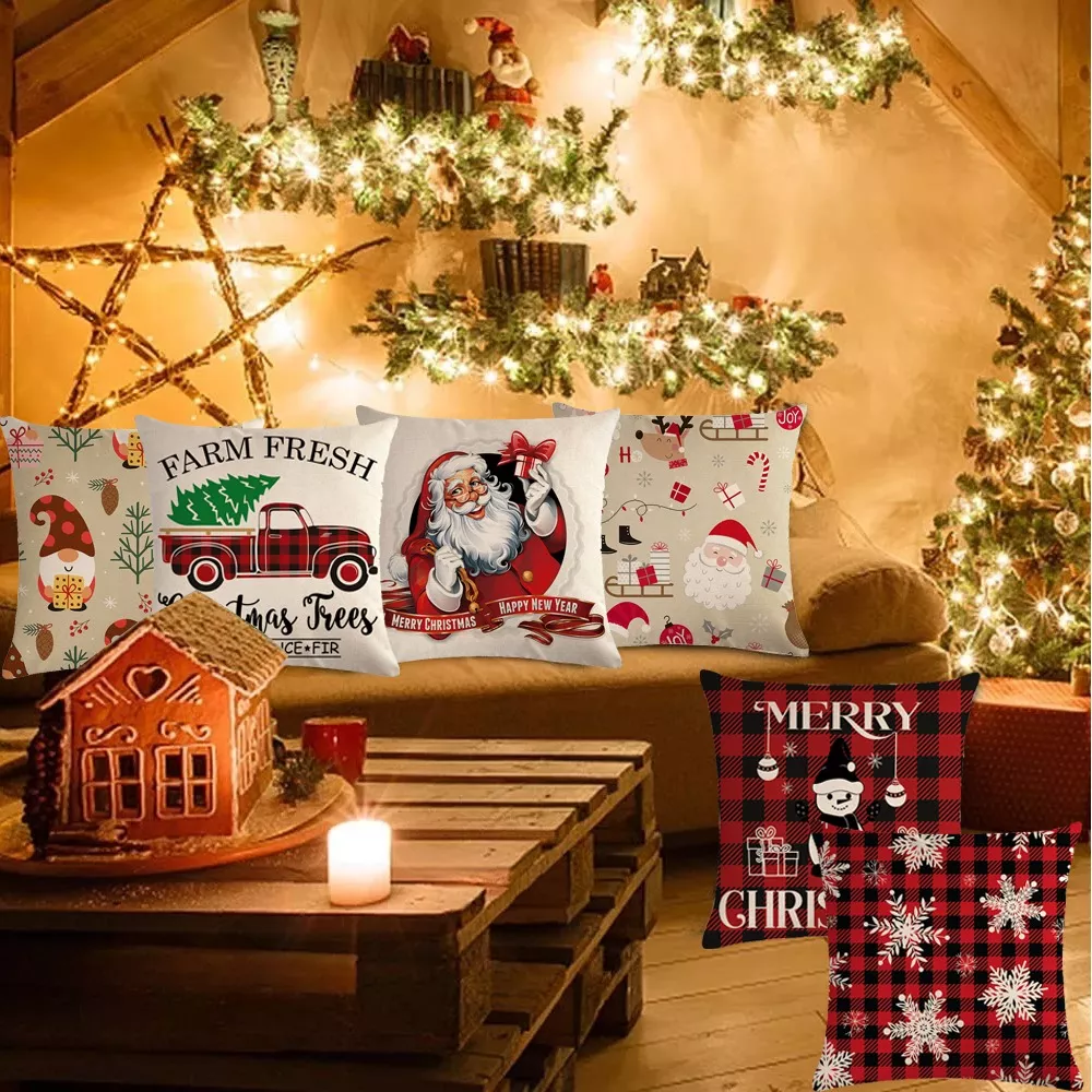 Funda De Almohada De Cojín Navidad Con Diseño Navideño 6pcs