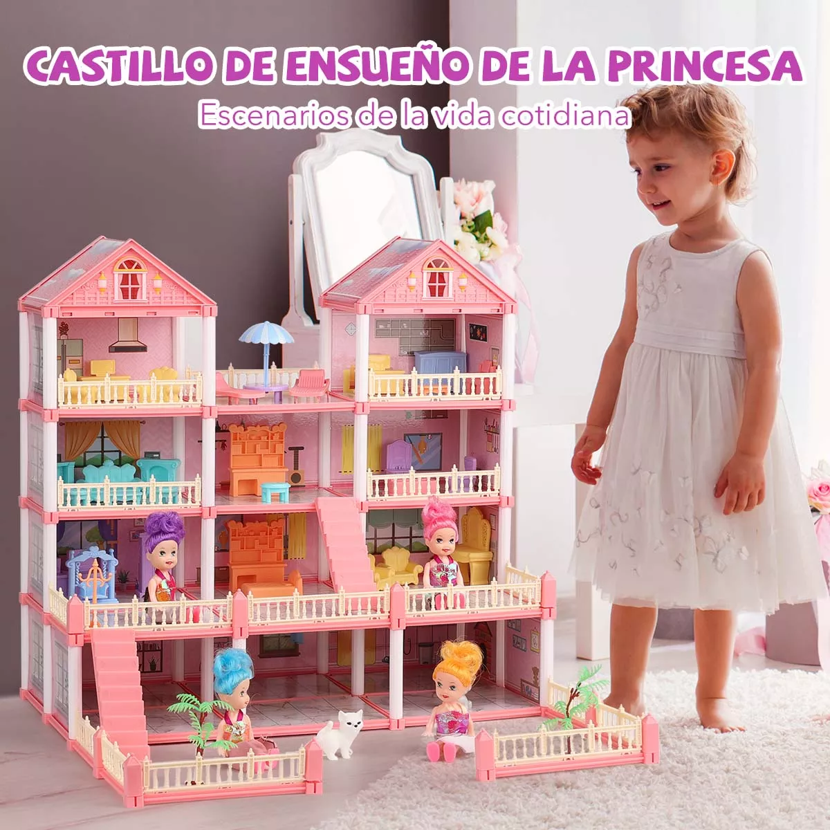 Casa De Muñecas Led Con Muebles Castillo De Princesa 4 Capas