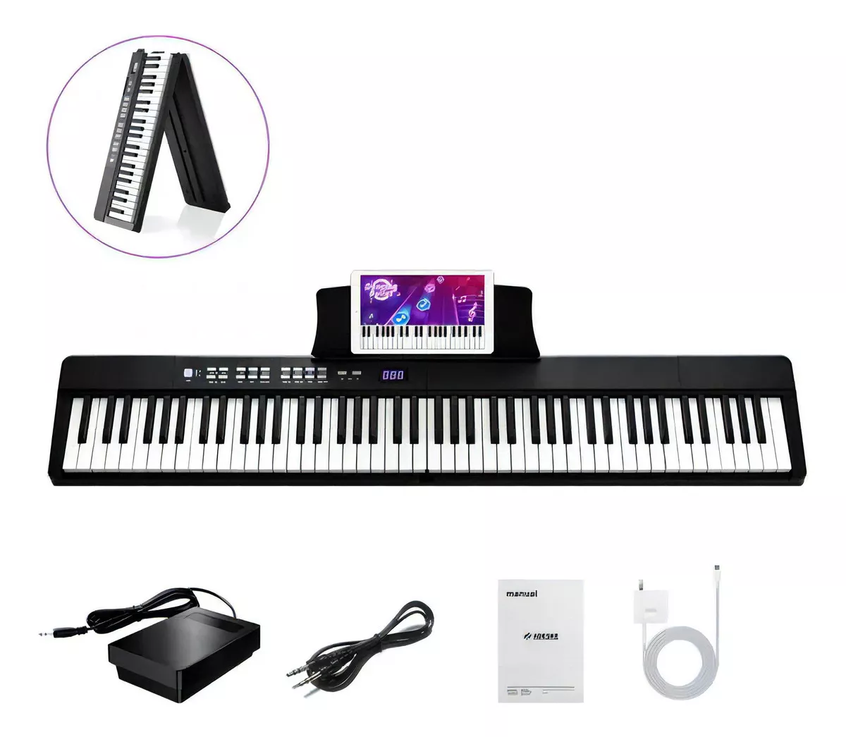 Bd Music Bd887 Teclado Piano Musical Electrico De 88 Teclas De Plegable Port&aacute;til Con Bluetooth Midi Y Auriculares Micr&oacute;fonos Adaptador Bater&iacute;a Interna Luces Del Teclado Pedal De Sostenido Atril Bolsa