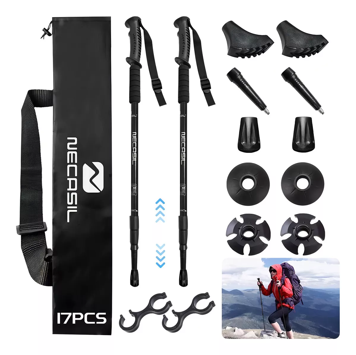 2 Pcs Bastones De Senderismo Bast&oacute;n Plegables Trekking color Negro bla E4210
