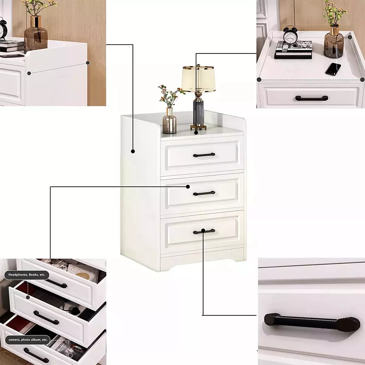 Mesita De Noche Mesa Auxiliar La Cama Moderna Con 3 Cajones