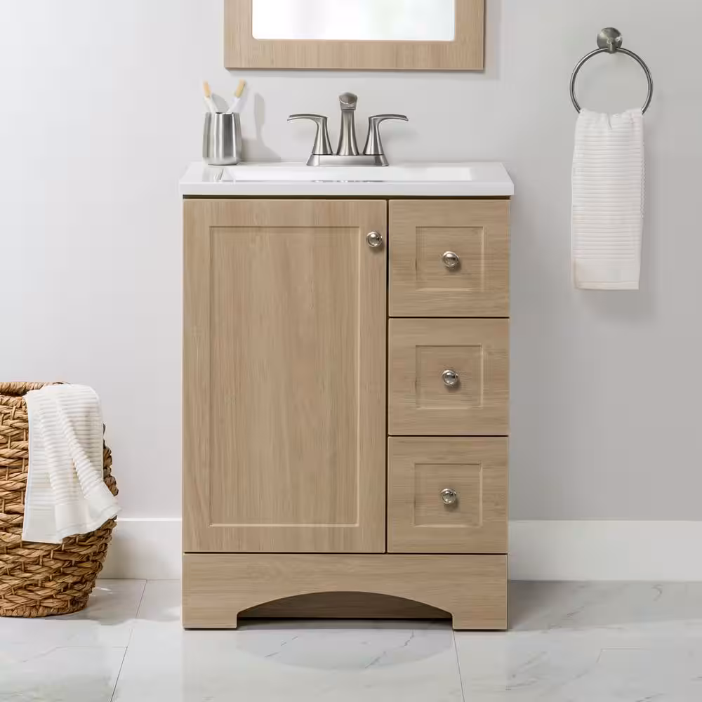 Glacier Bay Lancaster tocador de baño de roble beige con lavabo individual de 25 pulgadas con tapa de mármol cultivado blanco (ensamblado) LC24P2-BK