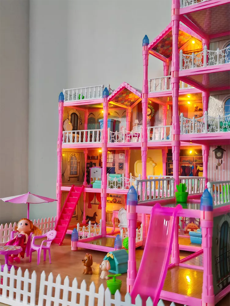 Casa De Muñecas Niña Rosa Con Tobogán De Luz Led Y Muñeca