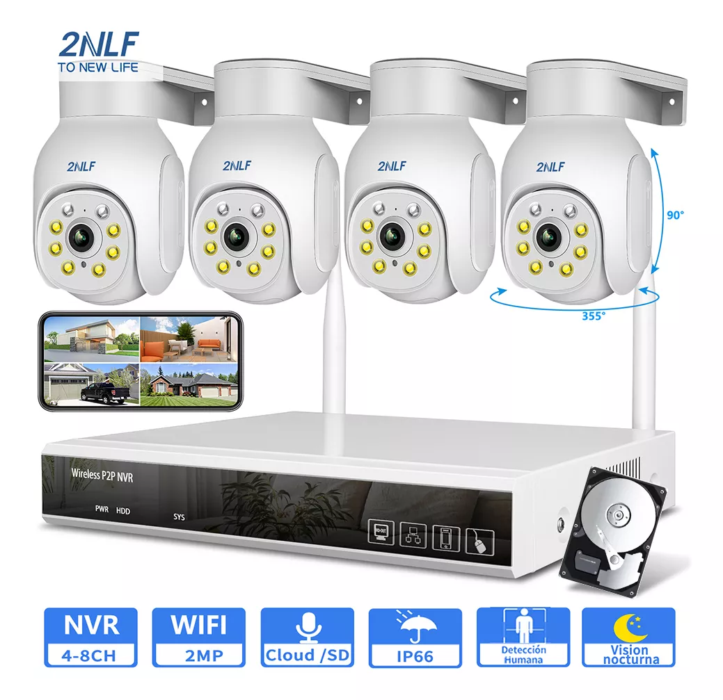 2NLF kit De Camaras videovigilancia Exterior Circuito Cerrado NVR Cctv 4 C&aacute;maras