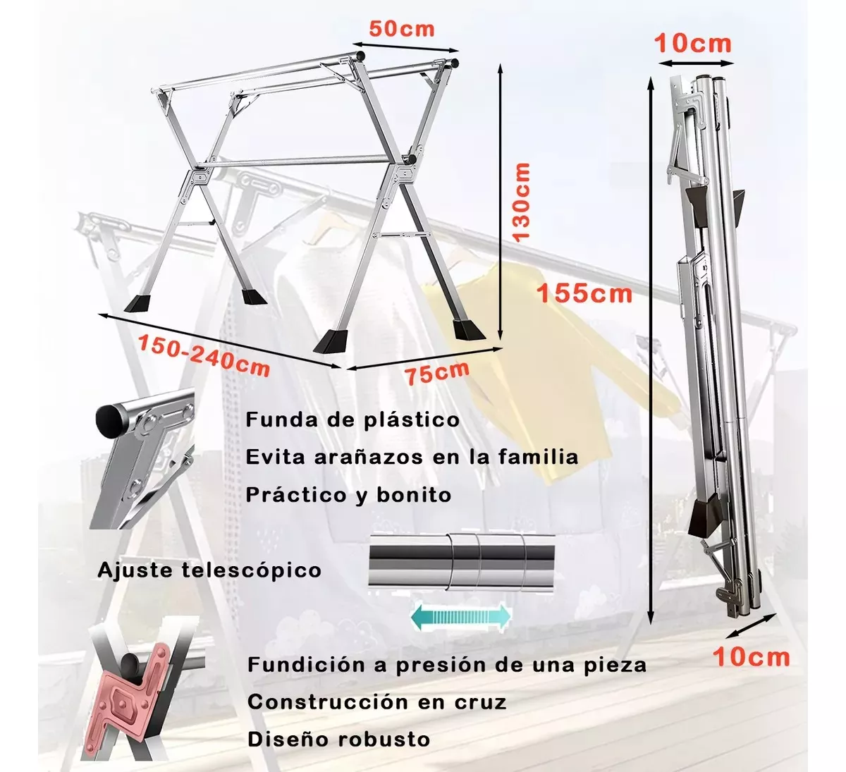 Tendedero Plegable Retráctil Para Colgar Ropa Acero Inoxidab