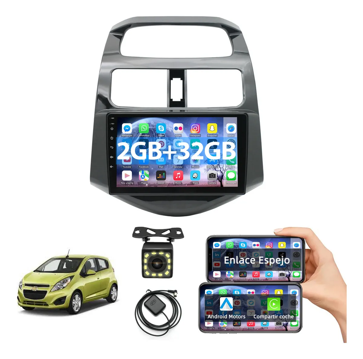 Estéreo Gps Carplay Android DMD 2+32GB Para Chevrolet Spark 2009-2014 color Negro